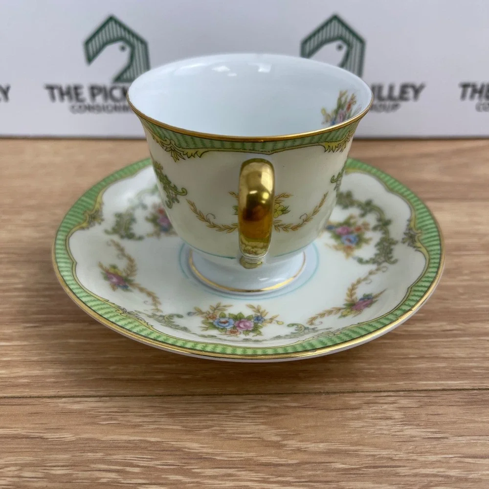 Noritake Marlene Demitasse Cup and Saucer Set Green Lattice Floral Gold Japan
